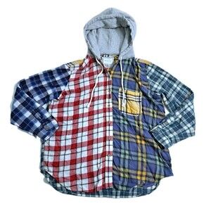 American Eagle Patchwork Flannel Hoodie Mens Medium Red Yellow Blue Green Shirt